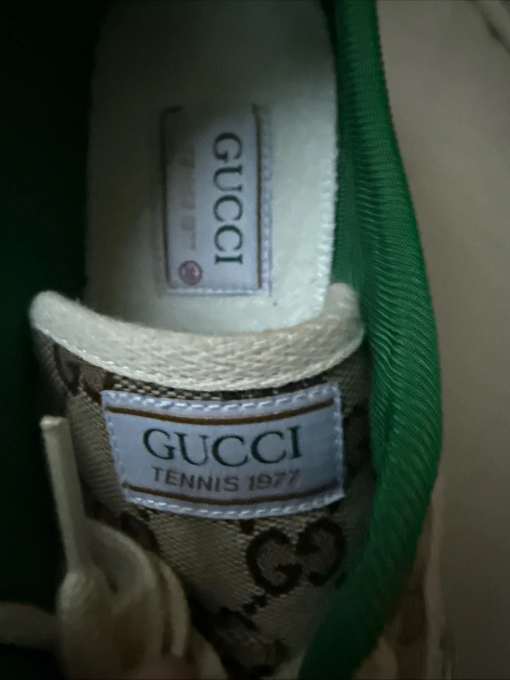 Gucci Brown GG Canvas Sneakers with Green Interior and Red Accent